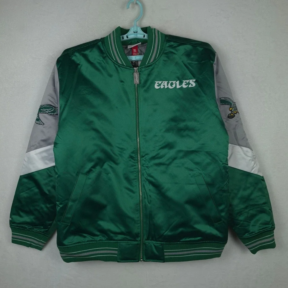 Philadelphia Eagles Mitchell & Ness NFL XL XLarge Satin Jacket Green Gray NWT